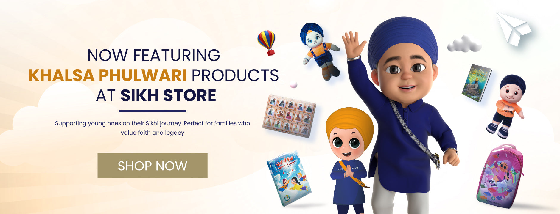 Promotional banner for Khalsa Phulwari products at a Sikh store with animated characters and product images.